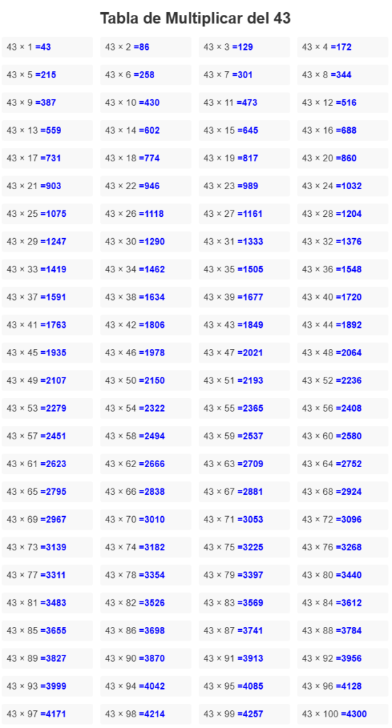 tabla del 43